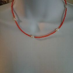 Orange Small Beaded With 5 Pearls Necklace 