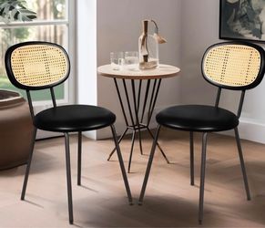 Dining Chairs Set of 2 with Rattan Backrest, Black Rattan Dining Chairs J035