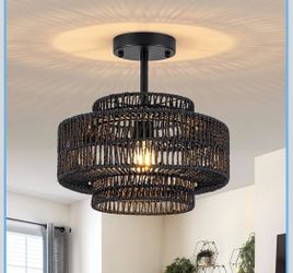 Brand New 1-Light Rattan Ceiling Light Fixture, 12.4" Boho Semi Flush Mount Ceiling Light with 3-Tier Hand-Woven Drum Shade, Rustic Rattan Chandelier 