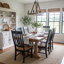Solid Wood Farmhouse Table W/ 6 Mission Style Chairs