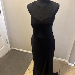Blondie Nites Black  Beaded Mesh Halter Sweetheart Neckline Formal Maxi Gown with left side slit. Size 9 . In excellent condition like new