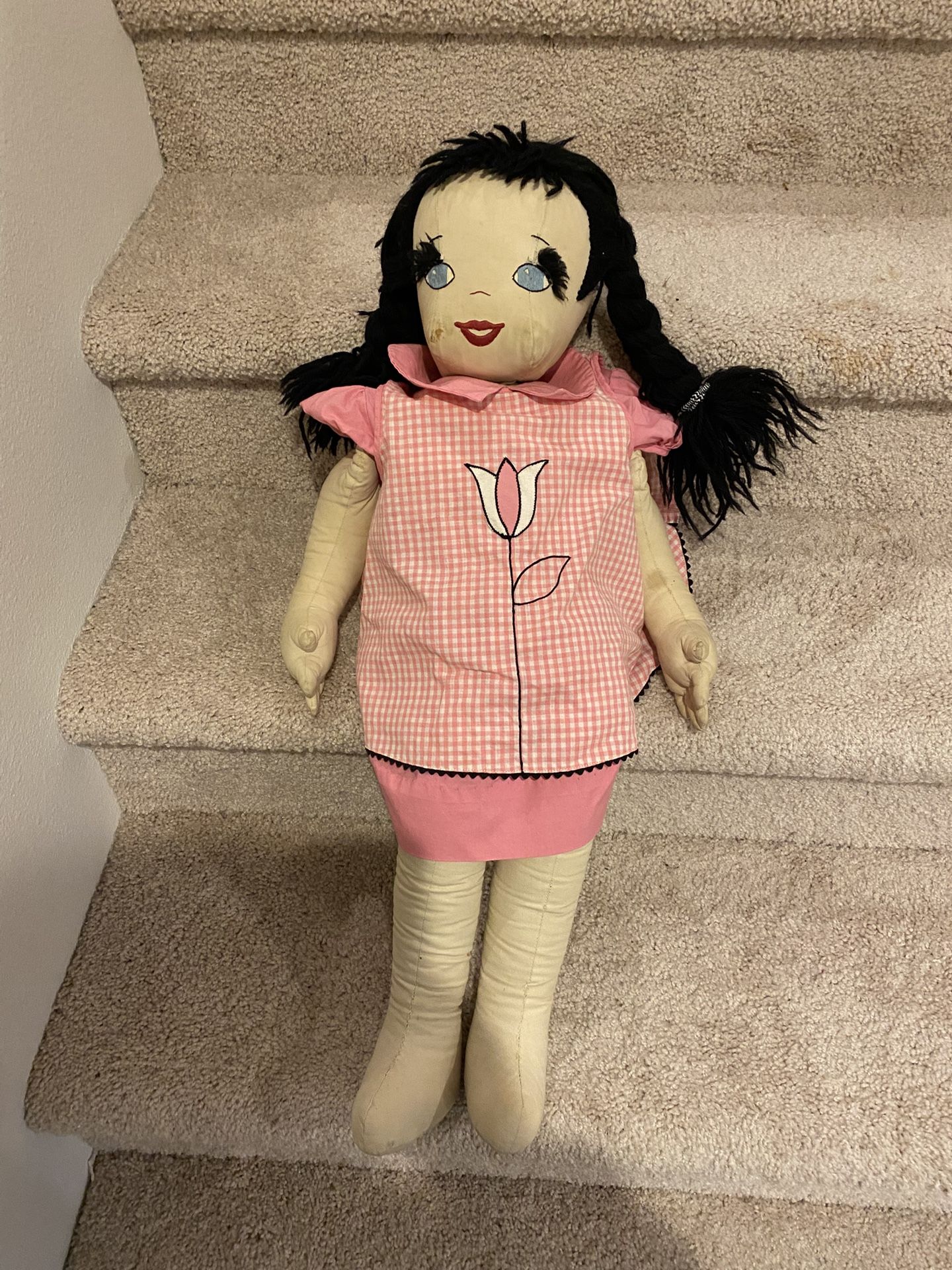 Large Soft Vintage Hand Made School Girl Doll .