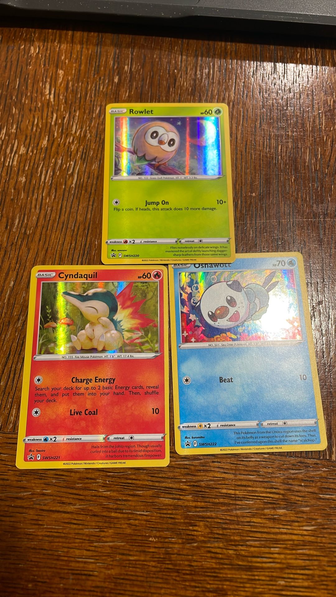 Cute Pokémon TCG Card Lot 2022 Black Star Promo Cyndaquil SWSH221, Rowlet SWSH220, & Oshawott SWSH222 From Collectors Chest Box Set 