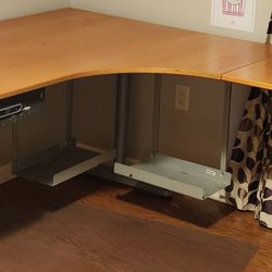 Ikea Corner Computer Desk With Wood Desktop PC And UPS supports Pull Out Drawer Extension Manual Height Adjust