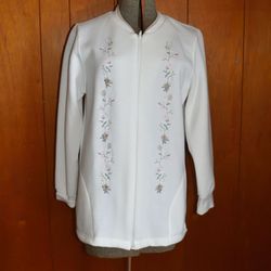Vintage Bonworth Women's White Embroidered Floral Sweater Zipper Front Size M