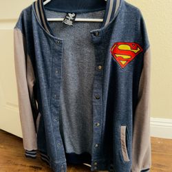 Men’s Superman DC Comic Varsity Jacket Size Medium Faded Blue Snap Up