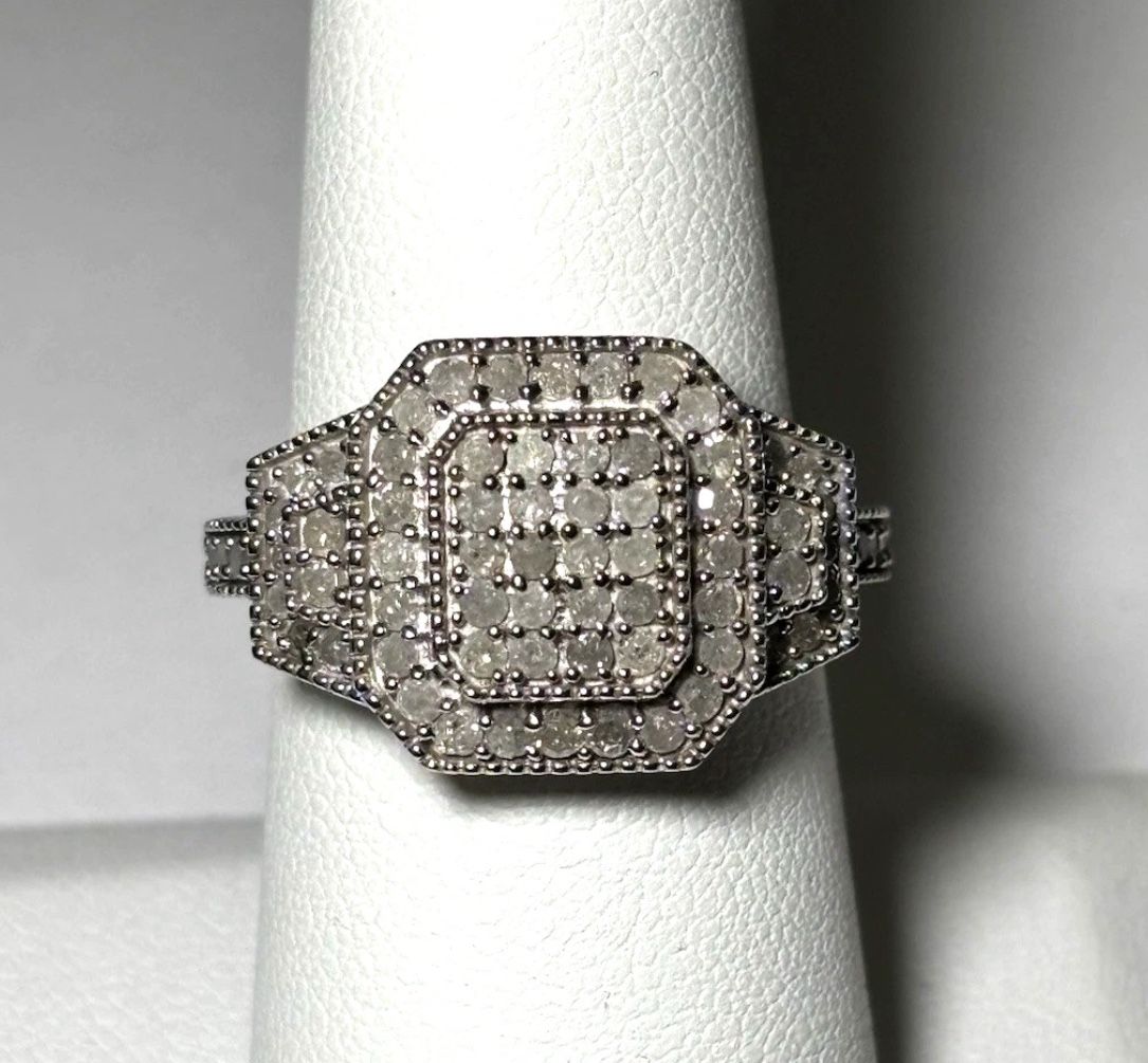 .925 Sterling Silver 1.00ctw Genuine White Diamond Cluster Ring Size 8