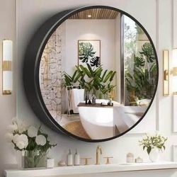 New Round 24 Inch x 24 Inch Black Metal Framed Bathroom Mirror Medicine Cabinet