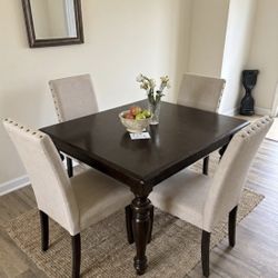 Elegant Dark Wood & Studded Trim Dining Set with 4 Beige Fabric Chairs