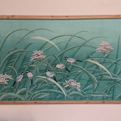 Large Wood-Framed Indonesian Painted Fabric Mural
