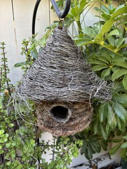 Bird House.   Weathered.  Wire Frame With Wowan Strands 