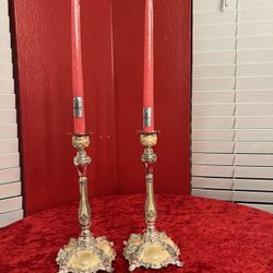 Vintage Silver & Gold Georgian Candle Sticks With  Mother Of Pearl  Base 11” X6 1/2
