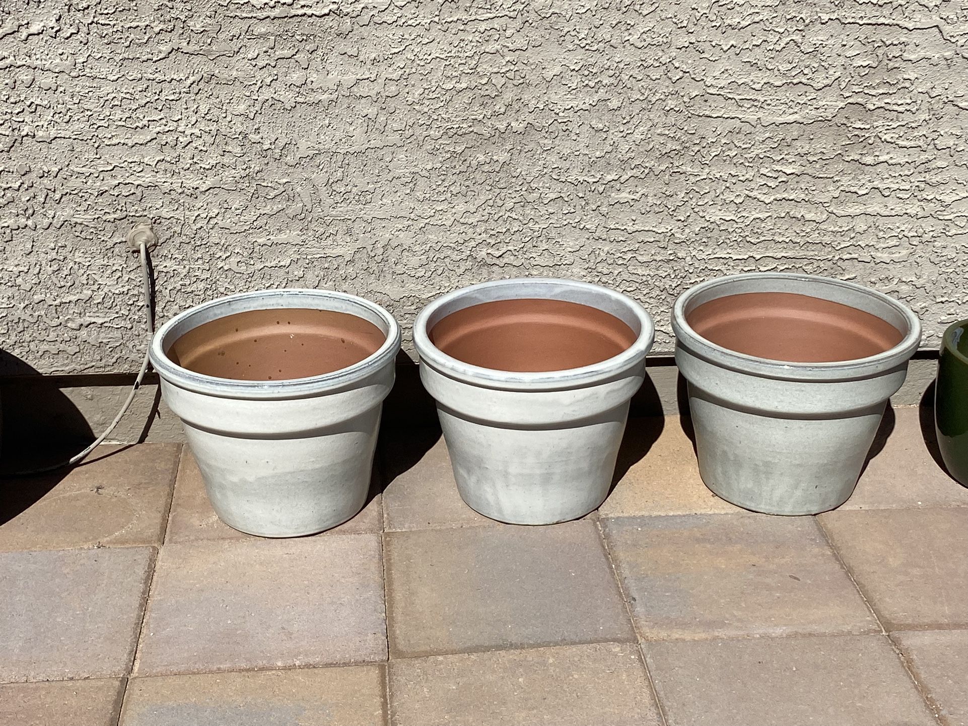 Set of 3 New Ceramic Pottery Planters Plant Pots Glossy Gray Off White Finish