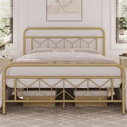 Vintage Metal Bed Frame with Diamond Pattern, Full,Antique Gold