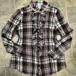 CHICO'S 1 Women's Cotton Plaid Frill Ruffle Shirt Button Up Boho Academia M 8-10