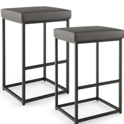 Costway 30" Barstools Set of 2 Upholstered Bar Height Chairs PU - See Details - Grey JV11055GR-2