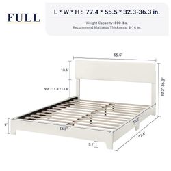 Full Size Bed Frame with Adjustable Headboard, Faux Leather Platform Bed with Wood Slats, Heavy Duty Mattress Foundation, No Box Spring Needed, Noise-