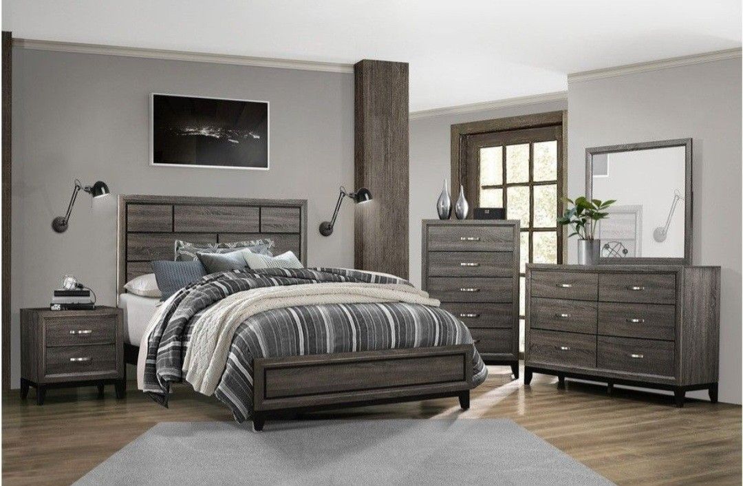 Bedroom Set (BED QUEEN SIZE "WITHOUT MATTRESS"+DRESSER WITH MIRROR+CHEST+NIGHTSTAND) ⭐️《FINANCING AVAILABLE × $0 DOWN PAYMENT × NO CREDIT NEEDED》