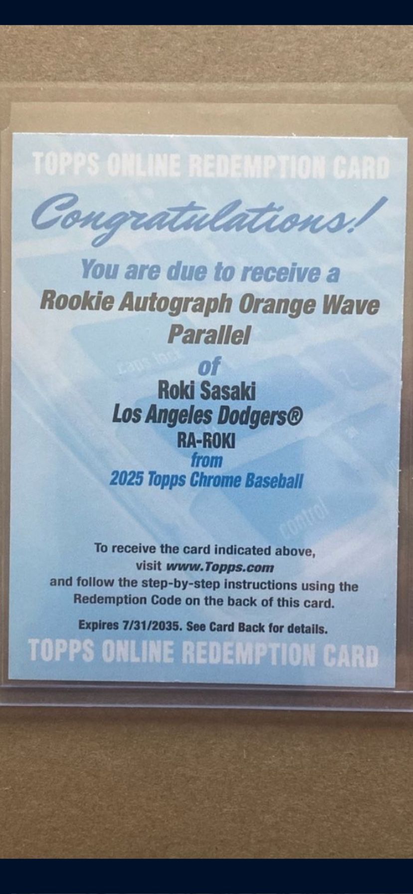 2025 Topps Chrome Baseball Dodgers Roki Sasaki Rookie Auto Orange Wave /25 Redemption