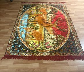 Vintage Velvet Deer Tapestry Wall Hanging Plush Rug Stag Cabin Kitsch Retro Fringe
