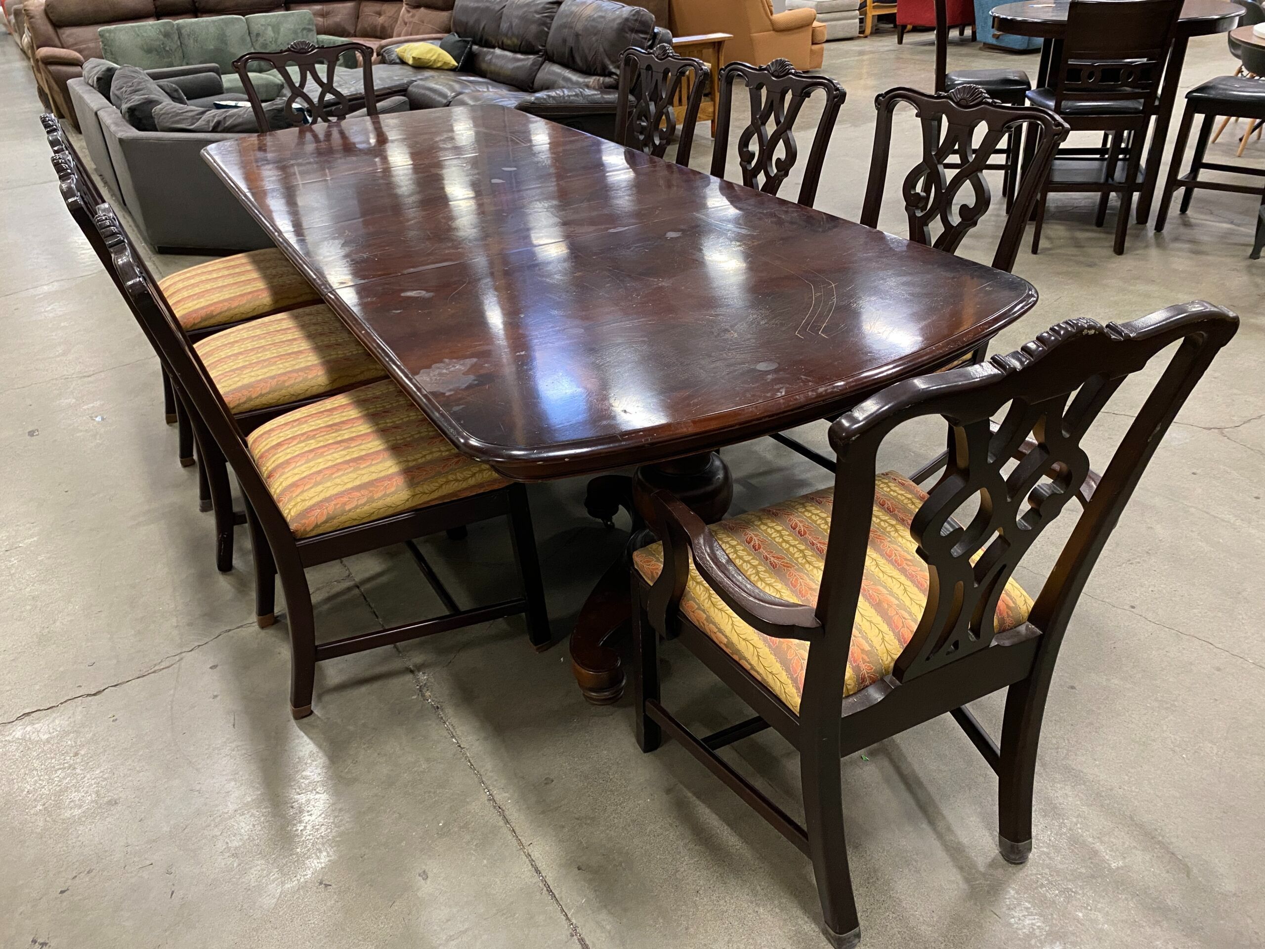 Dark Wooden Dining Room Table with 8 Chairs and 2 Leaves
