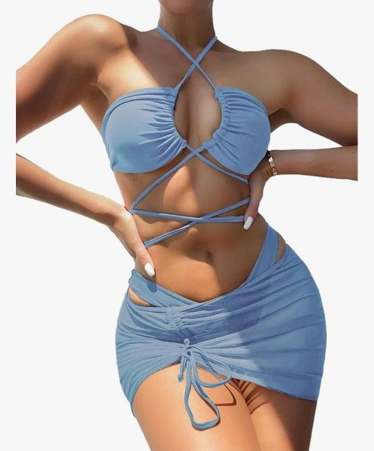 Women's 3 Piece Criss Cross Halter Bikini Set Sexy Cutout Wrap Strappy Swimsuit with Drawstring Mesh Beach Cover Up Skirt, MEDIUM