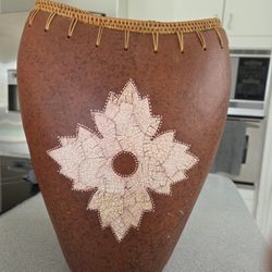 Decorative base14" Handmade Tamarind Krotok Indonesia Oblong Pottery Clay Vase "Ate"‎ Woven Rim