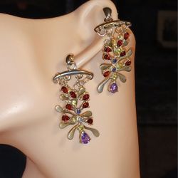 925 Sterling Silver Gemstones In Handtooled 925ss Dangle Earrings 