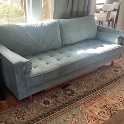 Mid century Modern Velvet Couch With Two Pillows 