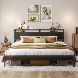 King Bed Frame with Headboard, Dark Wood Camas King with Strong Supports, Sturdy, No Box spring need
