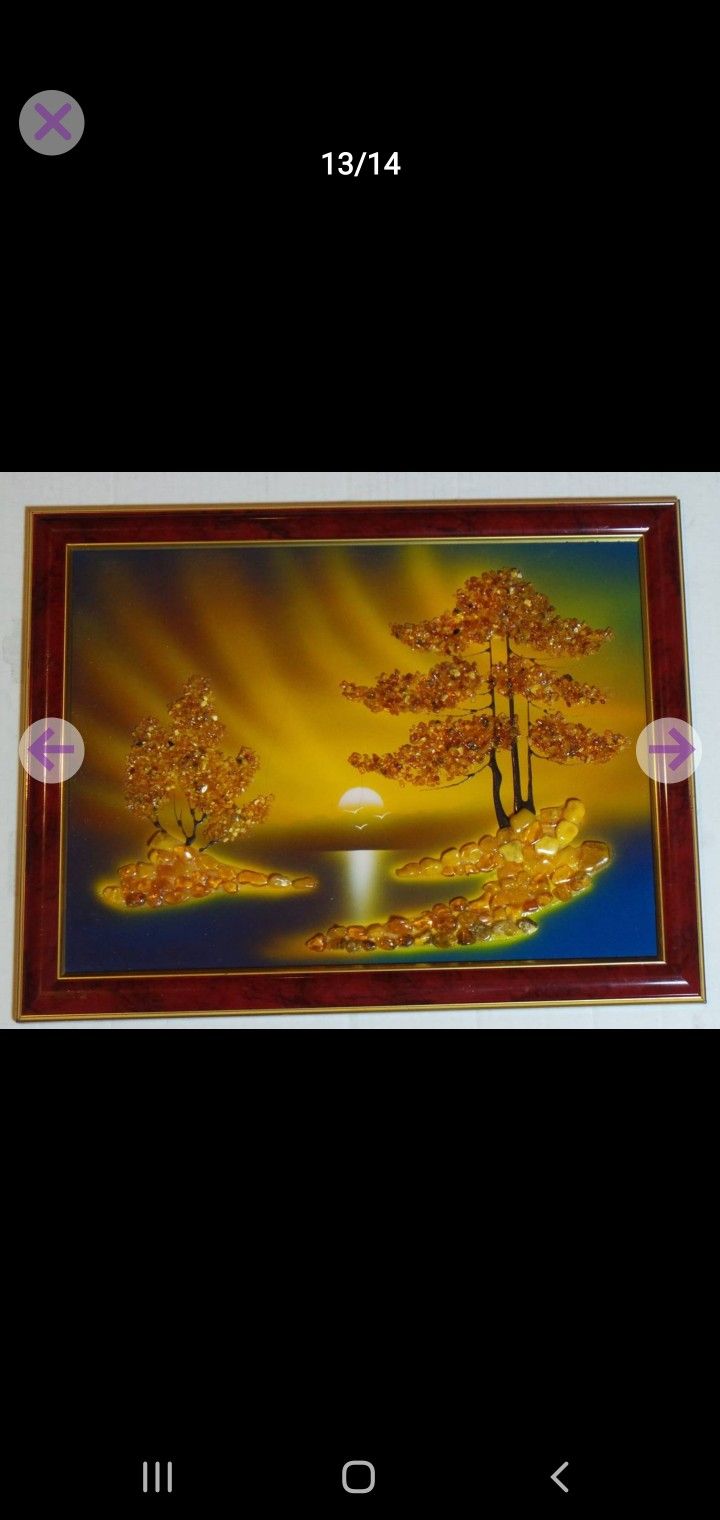 'Sunset' Oil Painting with Imbedded large Baltic Amber Stones vintage