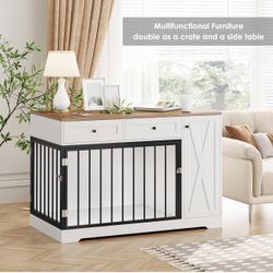Dog Crate Furniture Kennel with Double Doors Wooden Pet House with 2 Drawers and Storage Cabinet, Indoor Dog Cage Farmhouse Modern Side End Table for 