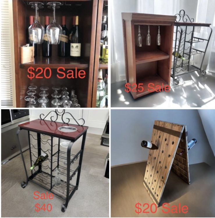 mahogany wrought iron bar cart $40, 2 layer wood bar cabinet w/glass hold $25, French rustic A-Frame Standing Wine Rack 48 bottles $20.