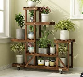 6 Tier Wood Plant Stand Vertical Carbonized Multiple Holder Indoor Outdoor Patio