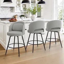 (Set Of 3) 26 Inch Modern Upholstered Bar Stools, Swivel Metal Bar Stools, Bar Stools Gray