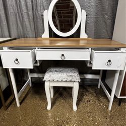 New White Vanity with Mirror, Storage Drawers and Stool