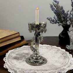 Vintage Silver Plated Very Detailed Grapes, Tendrils, Vine Taper/Pillar Candle Holder. French Provincial Decor Style.,  