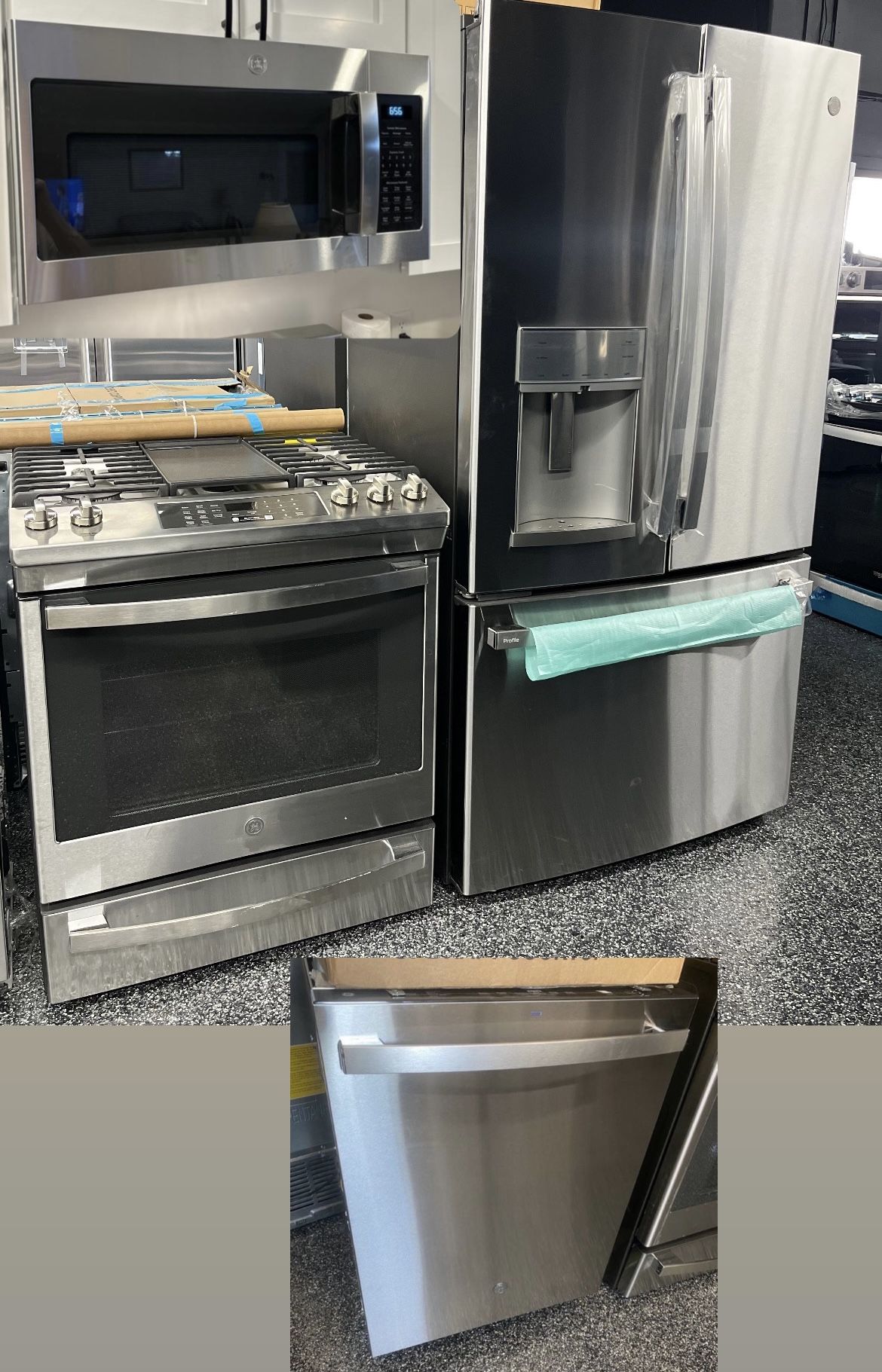 GE Stainless Steel Four Piece Kitchen New Bundle