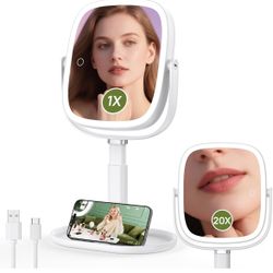 🔥 All-in-One Lighted Vanity Mirror – 20X Magnifier, Adjustable Height, Rechargeable Battery & Phone Stand