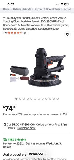 Drywall Sander, 800W Electric Sander with 12 Sanding Discs, Variable Speed 1 RPM Wall Sander with Automatic Vacuum Dust Collection System, Dou