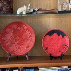 Chinese Red Cinnabar Lacquer Plate - Set of 2