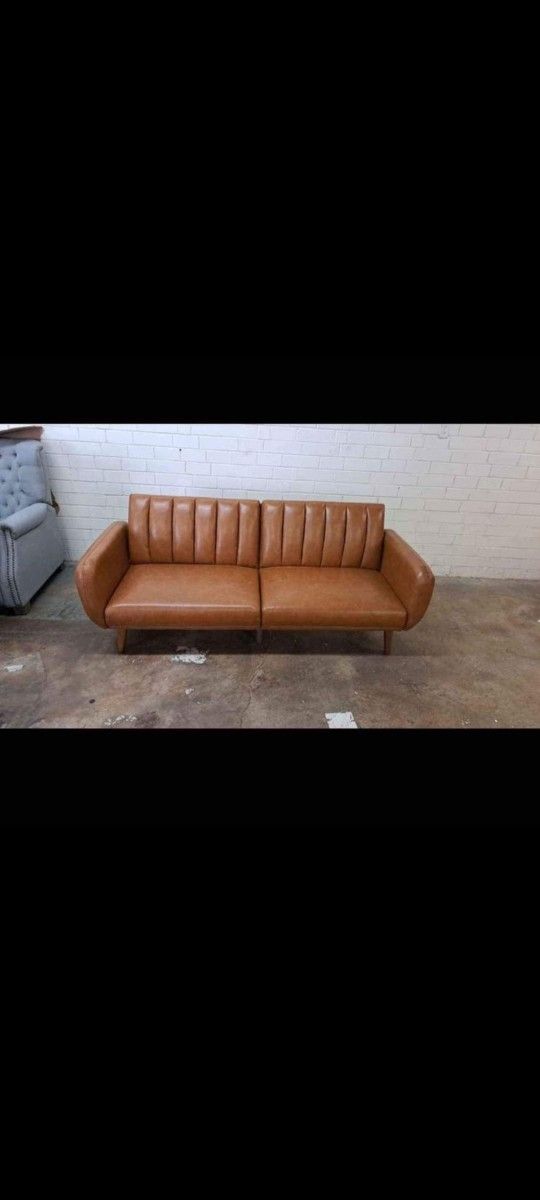 New Modern Futon Sofa Faux Leather Camel See Pictures For Dimensions 