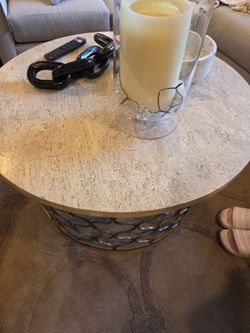 Round Travertine Top Coffee Table