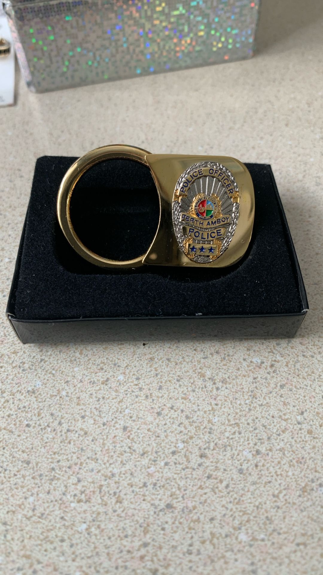 New Perth Amboy. Gold toned enforcement officer badge keychain