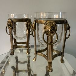 A Pair Of Elegant Vintage Brass Lion Head Votive Candle Holder with Crackle Glass Insert, Rare