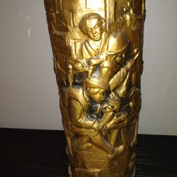 Vintage Lombard Made in England Brass Embossed Pub Scene Umbrella/Cane Stand 16"