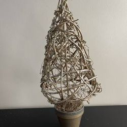 Gold Glitter Twig Christmas Tree Metal Frame Concrete Set in Clay Pot
