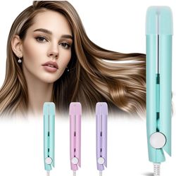 2-in-1 Mini Curling Iron, 2025 Upgrade Dual Use Curling Iron Portable Travel Curler Flat Straightener for Women Short Hair All Hair Types (Green)