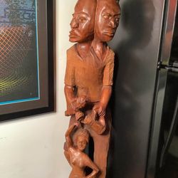 African Large Hand-Carved Wooden Two-Faced Figure Sculpture – 46" Tall
