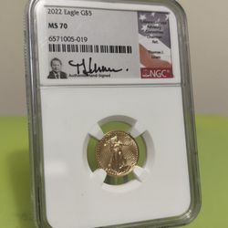 2022 $5 American Gold Eagle Thomas Uram 1/10 Oz MS70 NGC. 